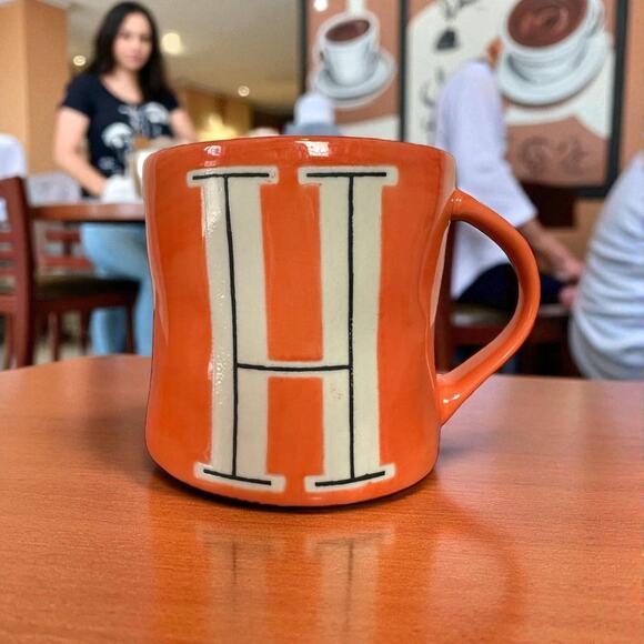 Anthropologie Hand Painted Orange Monogram Letter H Ceramic Coffee Mug Cup - Picture 1 of 8